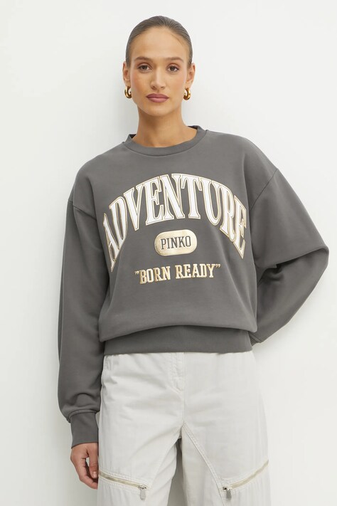 Pamučna dukserica Pinko za žene, boja: siva, s tiskom, 104618 A2CZ