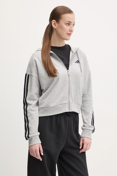 Кофта adidas Essentials жіноча колір сірий з капюшоном з аплікацією JE0055