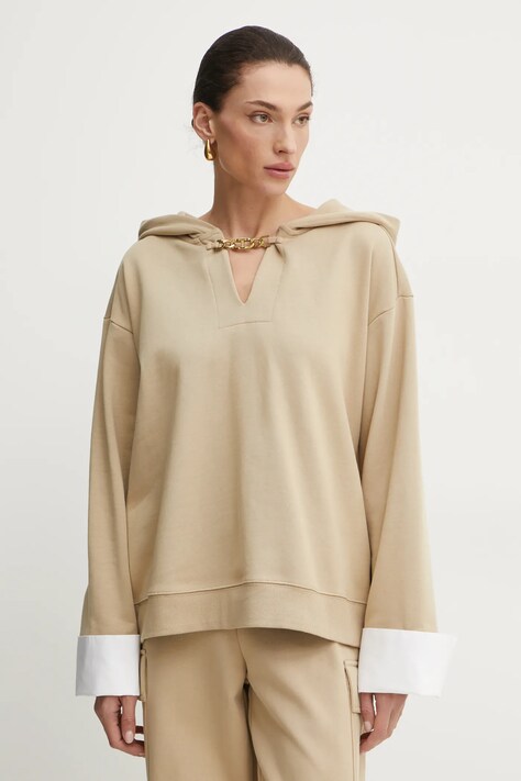 Pamučna dukserica Twinset za žene, boja: bež, s kapuljačom, bez uzorka, 251TE2070