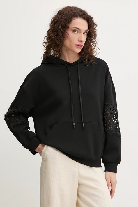 Twinset bluza femei, culoarea negru, cu glugă, neted, 251TP2700