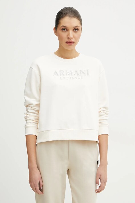 Armani Exchange hanorac de bumbac femei, culoarea bej, cu imprimeu, XW000159 AF11851