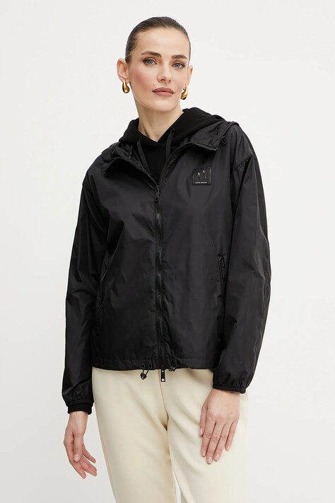 Bavlněná mikina Armani Exchange dámská, černá barva, s kapucí, hladká, XW000496 AF12739