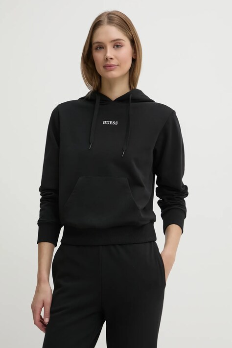 Guess bluza SOFIA femei, culoarea negru, cu glugă, neted, O5RQ02 KCO31