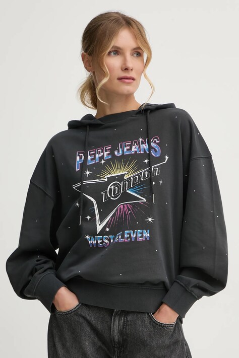 Pepe Jeans bluza LILIAN femei, culoarea gri, cu glugă, cu imprimeu, PL581469