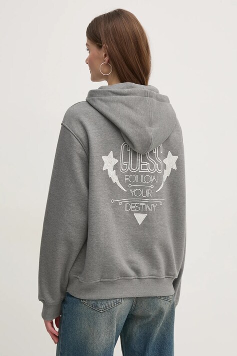Dukserica Guess za žene, boja: siva, s kapuljačom, s aplikacijom, W5RQ00 KBY51