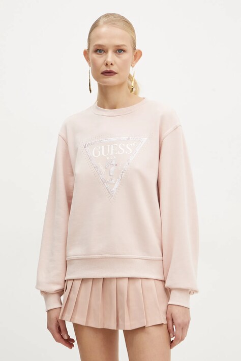 Mikina Guess dámska, ružová farba, s nášivkou, W5RQ09 K8802