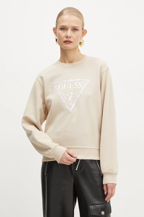 Guess bluza femei, culoarea bej, cu imprimeu, W5RQ09 K8802