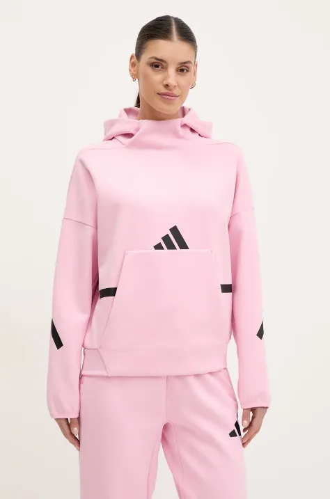 Pulover adidas Z.N.E. ženski, roza barva, s kapuco, JD5992