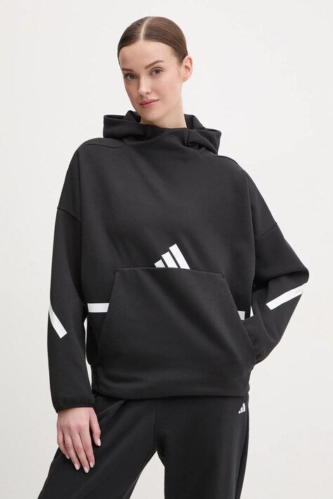 adidas bluza Z.N.E. femei, culoarea negru, cu glugă, cu imprimeu, JJ4760