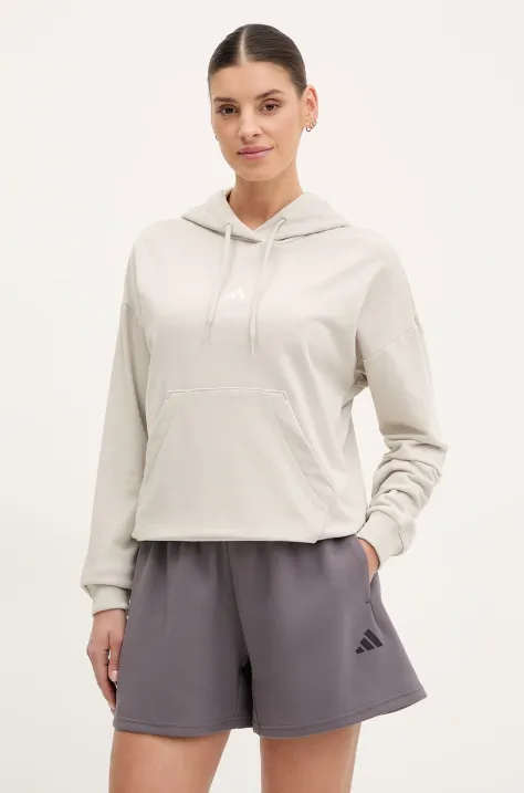 Pulover adidas Essentials ženski, bež barva, s kapuco, JC5934