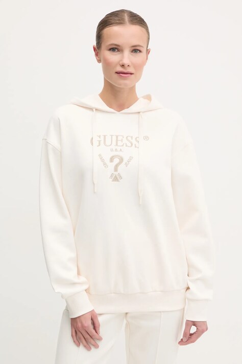 Dukserica Guess ROBERTA za žene, boja: bež, s kapuljačom, s aplikacijom, V5RQ11 KC3D2