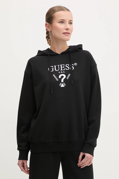 Guess bluză ROBERTA femei, culoarea negru, cu glugă, cu imprimeu, V5RQ11 KC3D2