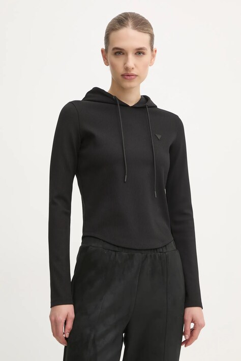 Guess bluza STEFFI femei, culoarea negru, cu glugă, neted, V5RQ06 KCLH0
