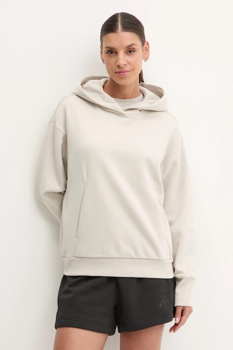 adidas bluza ALL SZN femei, culoarea bej, cu glugă, cu imprimeu, JD4675