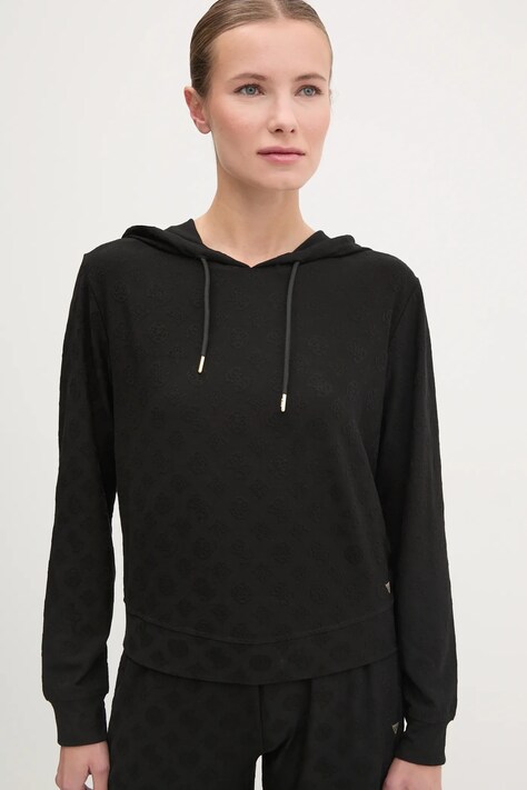 Guess bluză MONICA femei, culoarea negru, cu glugă, cu imprimeu, V5RQ21 KCLG2