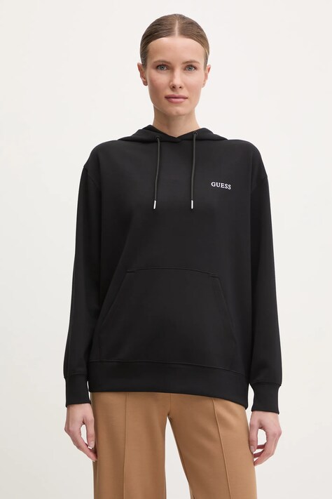 Guess bluză GELSEY femei, culoarea negru, cu glugă, uni, V5RQ18 KCOB2