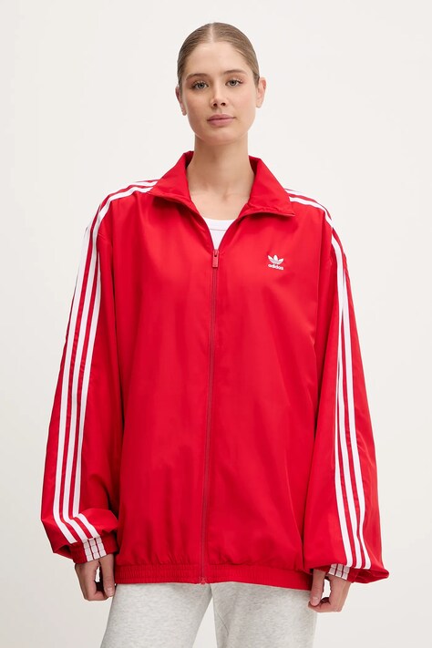 adidas Originals bluză Oversized Tracktop femei, culoarea roșu, cu imprimeu, JD3393