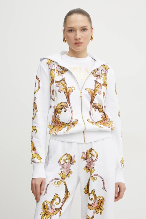 Bavlněná mikina Versace Jeans Couture dámská, bílá barva, s kapucí, vzorovaná, 78HAI3P6 FS192