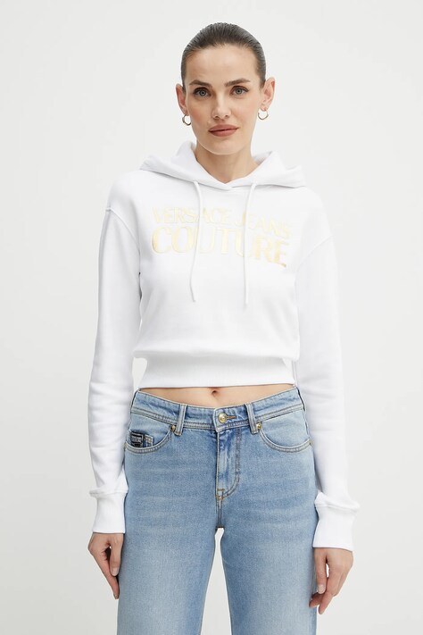 Versace Jeans Couture hanorac de bumbac femei, culoarea alb, cu glugă, cu imprimeu, 78HAIT01 CF01T