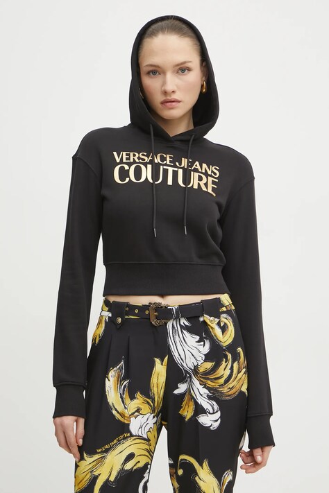 Bavlněná mikina Versace Jeans Couture dámská, černá barva, s kapucí, s potiskem, 78HAIT01 CF01T