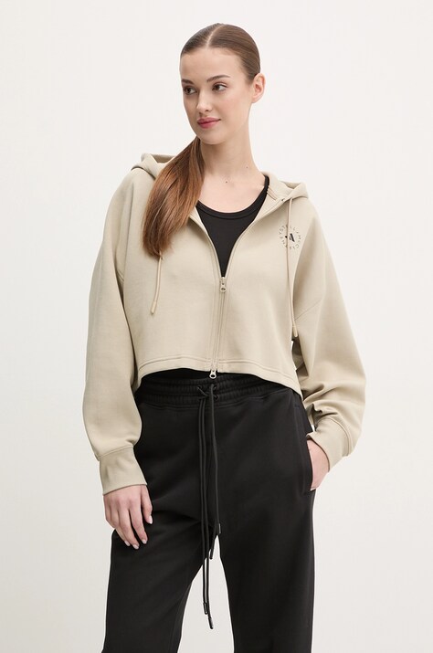 Tepláková mikina adidas by Stella McCartney béžová barva, s kapucí, s potiskem, JJ0143
