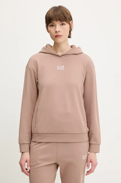 EA7 Emporio Armani bluza damska kolor brązowy z kapturem z nadrukiem AF10443.7W000074
