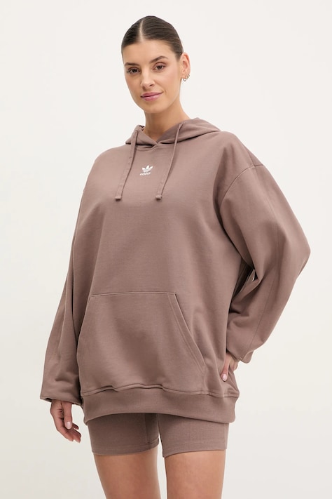 Bavlněná mikina adidas Originals Essential dámská, hnědá barva, s kapucí, hladká, JC8981