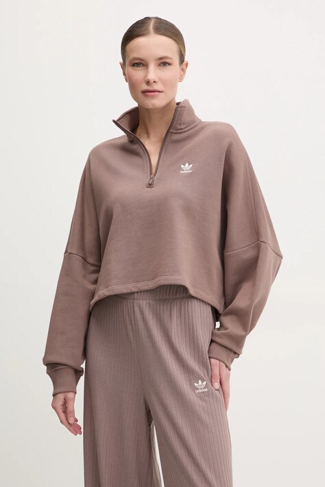 adidas Originals hanorac de bumbac Essential femei, culoarea maro, uni, JD0922