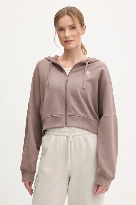 Mikina adidas Originals Essential dámská, hnědá barva, s kapucí, hladká, JN7846