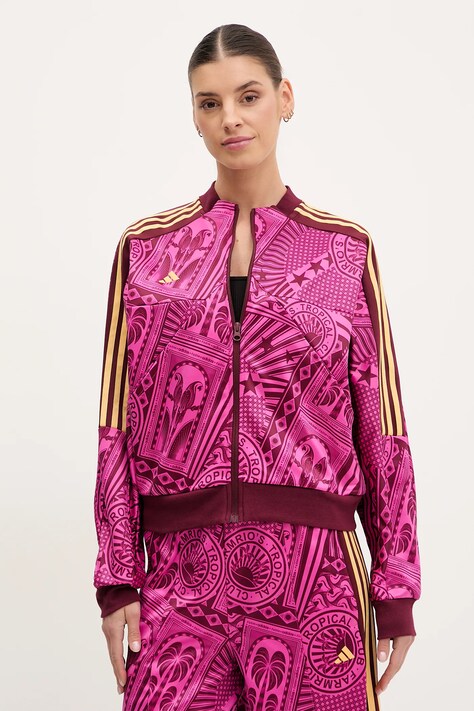 Mikina adidas x Farm Rio dámská, růžová barva, vzorovaná, JD6297