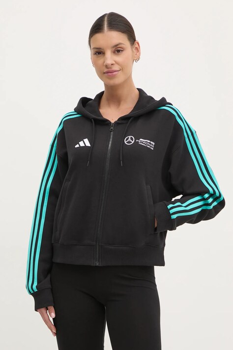 Bavlněná mikina adidas x Mercedes dámská, černá barva, s kapucí, s potiskem, JV5436