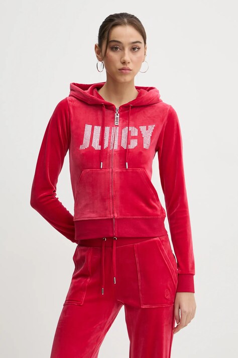 Juicy Couture bluza femei, culoarea rosu, cu glugă, cu imprimeu, JCBAS125861