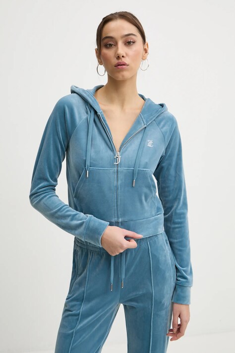 Juicy Couture bluza femei, culoarea turcoaz, cu glugă, cu imprimeu, JCWA122001