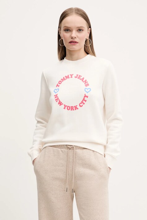 Tommy Jeans bluza femei, culoarea bej, cu imprimeu, DW0DW21770