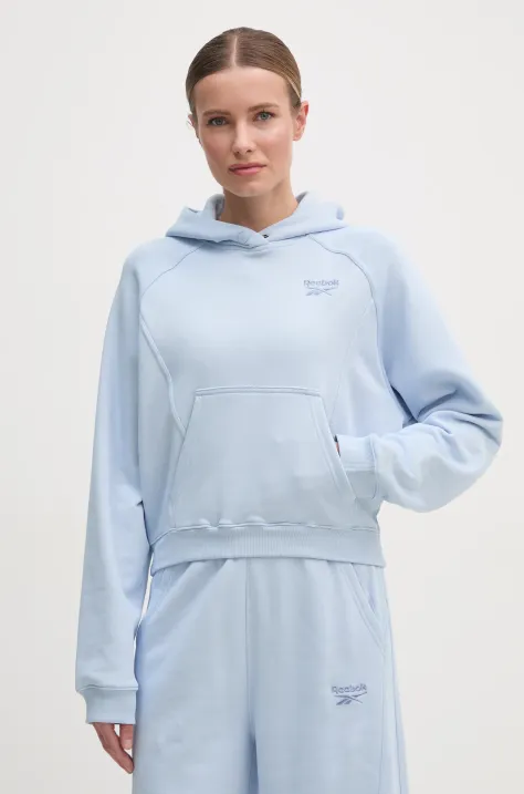 Bavlněná mikina Reebok Classic dámská, modrá barva, s kapucí, hladká, 100221443