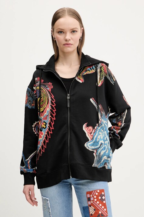 Bavlněná mikina Desigual MELTED PAISLEYS dámská, černá barva, s kapucí, vzorovaná, 25SWSK01