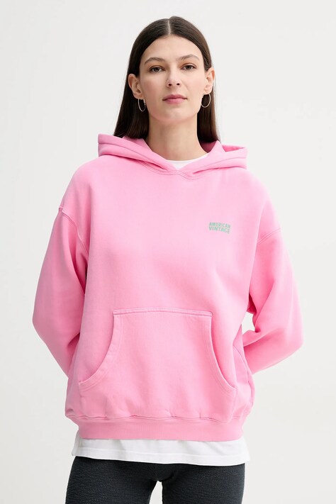 Mikina American Vintage dámská, růžová barva, s kapucí, s potiskem, IZU03DE25