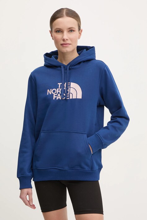 The North Face bluză Drew Peak femei, culoarea bleumarin, cu glugă, cu imprimeu, NF0A89EHB4O1