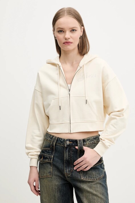 Bavlněná mikina Guess Originals dámská, béžová barva, s kapucí, hladká, W5RQ13 K68I1