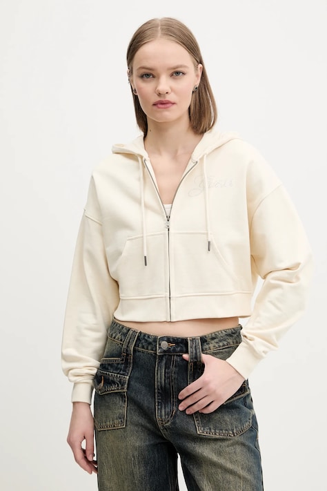 Guess Originals bluza bawełniana damska kolor beżowy z kapturem gładka W5RQ13 K68I1