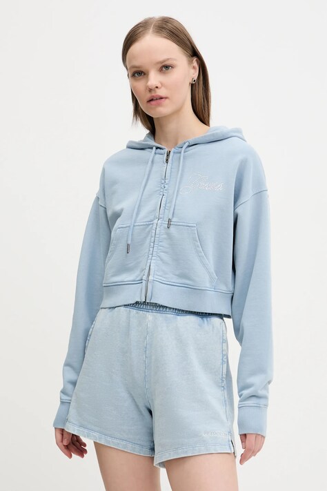 Bavlněná mikina Guess Originals dámská, modrá barva, s kapucí, hladká, W5RQ13 K68I1