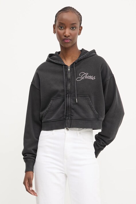 Bavlněná mikina Guess Originals dámská, černá barva, s kapucí, hladká, W5RQ13 K68I1