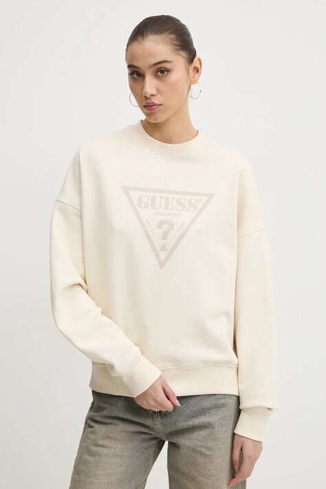 Guess Originals hanorac de bumbac femei, culoarea bej, cu imprimeu, W5RQ14 K68I1