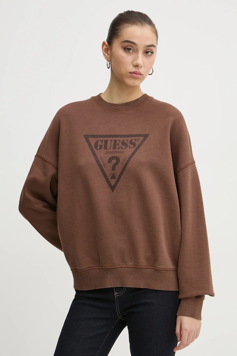 Bavlněná mikina Guess Originals dámská, hnědá barva, s potiskem, W5RQ14 K68I1