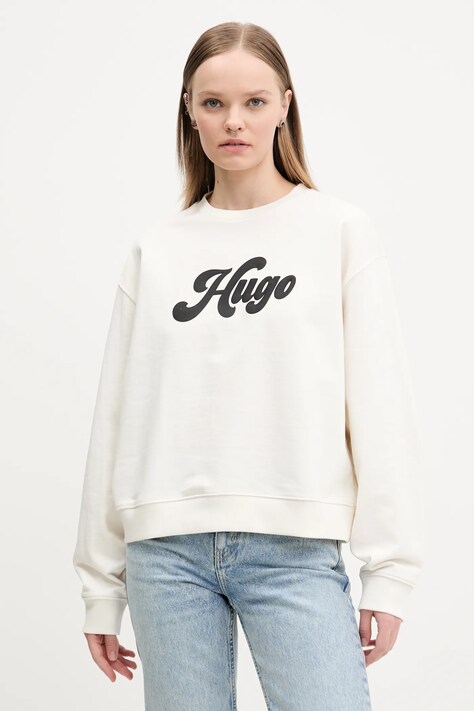 HUGO bluza femei, culoarea bej, cu imprimeu, 50541169