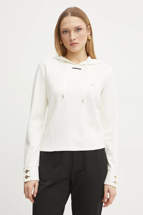 Liu Jo bluza femei, culoarea bej, cu glugă, cu imprimeu, TA5040 JS182