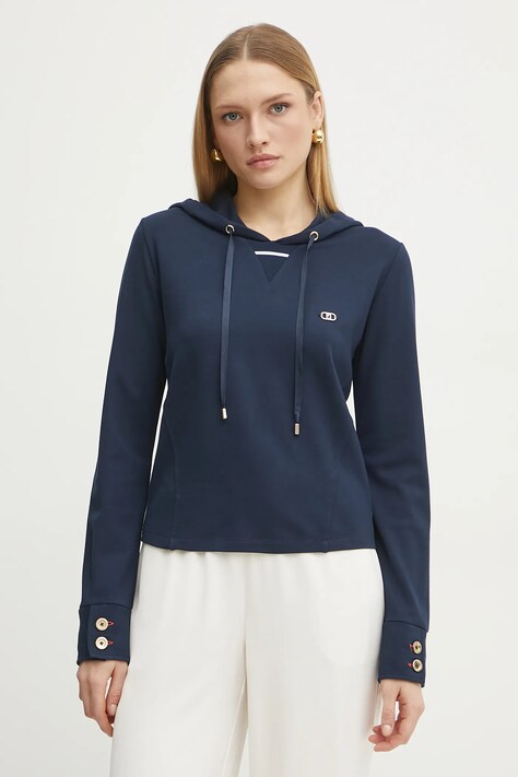 Liu Jo bluza femei, culoarea albastru marin, cu glugă, cu imprimeu, TA5040 JS182