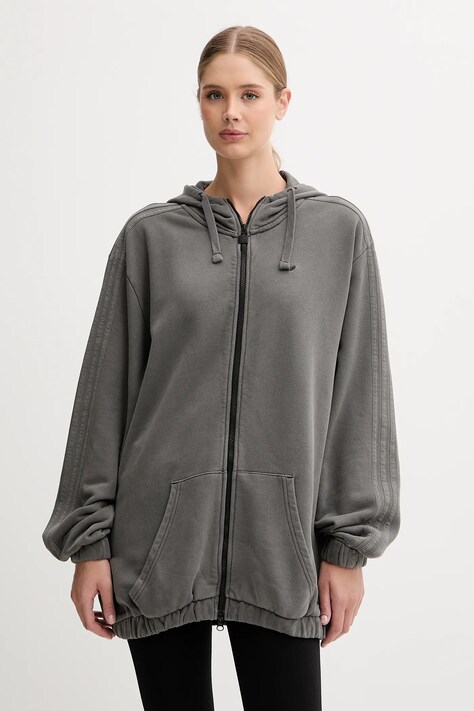 Bavlněná mikina adidas Originals Wash Zip Hoodie dámská, šedá barva, s kapucí, hladká, JD0054