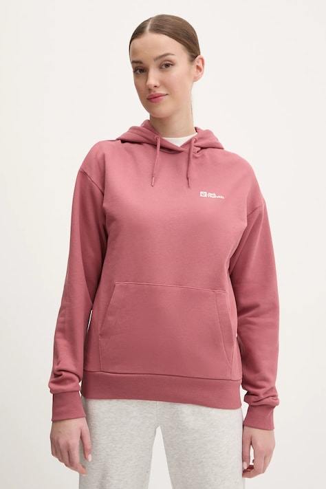 Βαμβακερή μπλούζα Jack Wolfskin Essential γυναικεία, χρώμα: πορτοκαλί, με κουκούλα, A63848