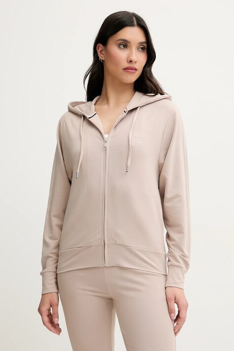 Mikina BOSS dámská, béžová barva, s kapucí, hladká, 50540064